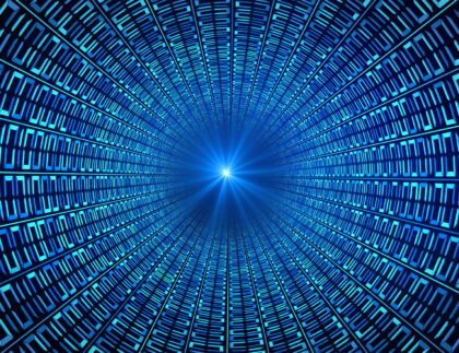 Binary code numbers in blue abstract speed motion in highway tunnel for technology background